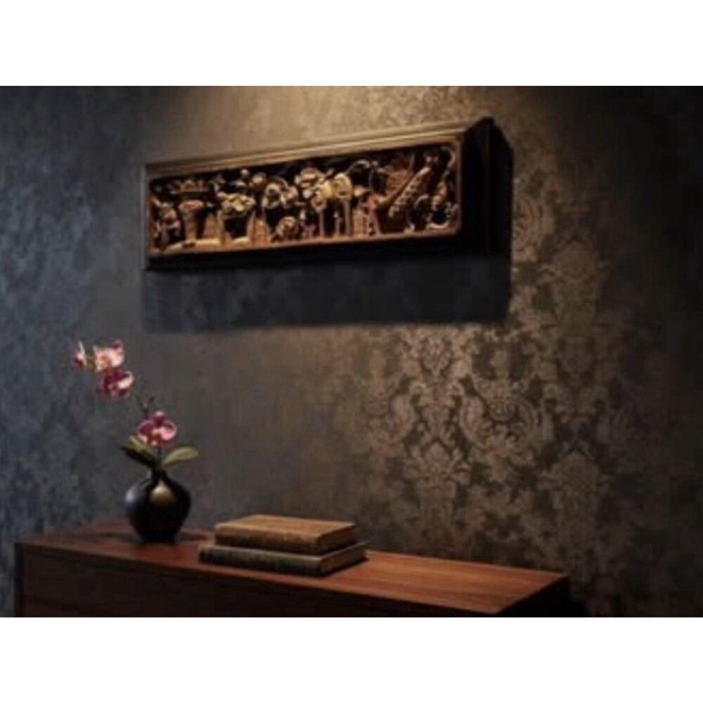 Chinese Handcarved Wood Wall Panel Gold Gilt Floral Architectural Antique